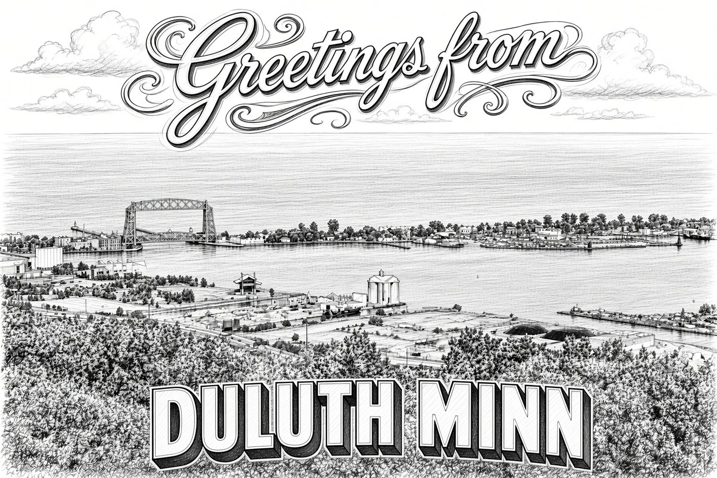 Pen & Ink postcard design: Greetings from Duluth, Minnesota.